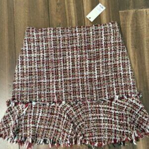 NWT Sz S Fitted Tweed Trumpet Flare Ruffle Skirt Red Pink White Gold Y2K Style